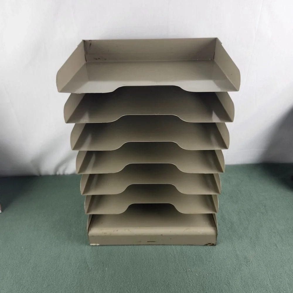 Vintage Pressed Steel Paper Tray 7-Tiered Shelved Office Organizer